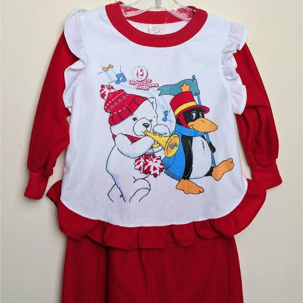 Vintage Bates-Jama Our Christmas‎ Bear 80s K-Mart 2 Piece Pajama Pant Set Size 4